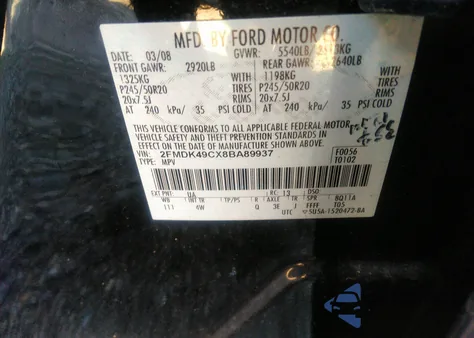 2008 Ford Edge Limited from USA, damaged, VIN 2FMDK49CX8BA89937